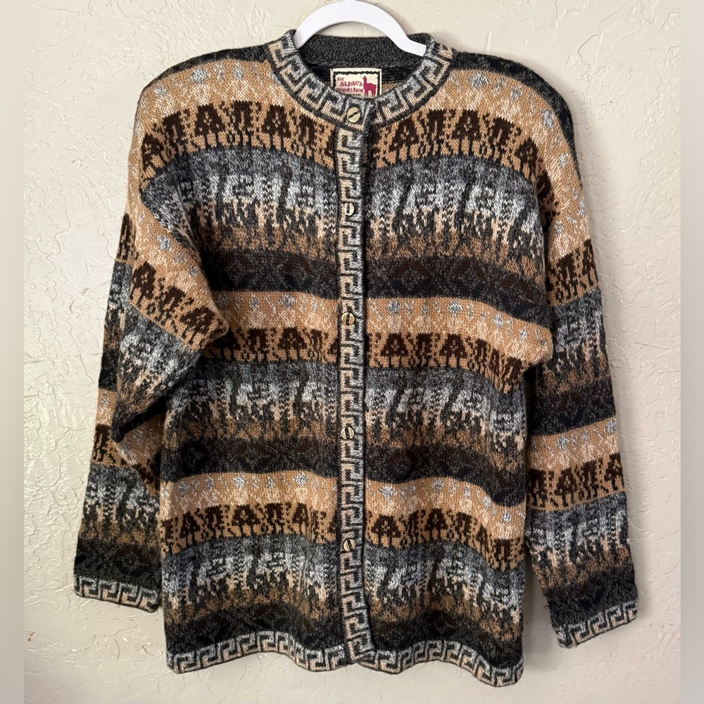 The Alpaca Connection Alpaca Wool Cardigan Sweater XL Tribal Artsy Colorful Boho
